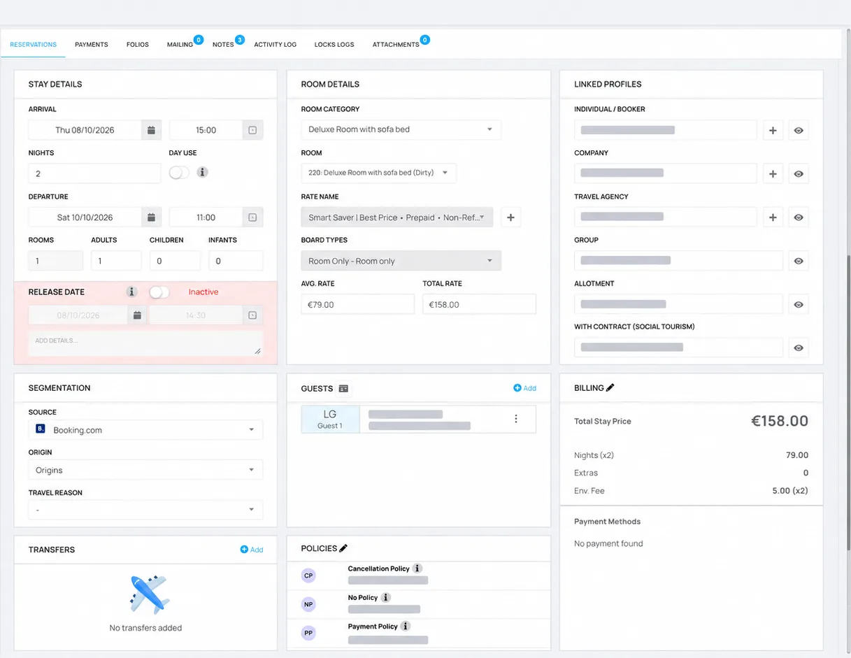 RoomRack Cloud PMS reservation details screen