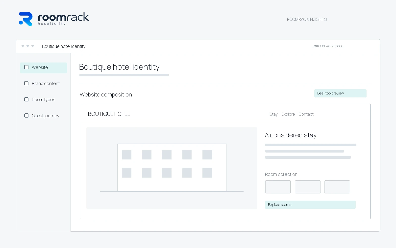 Λογότυπο RoomRack Hospitality και σχεδιαστικό mockup ιστοσελίδας boutique ξενοδοχείου