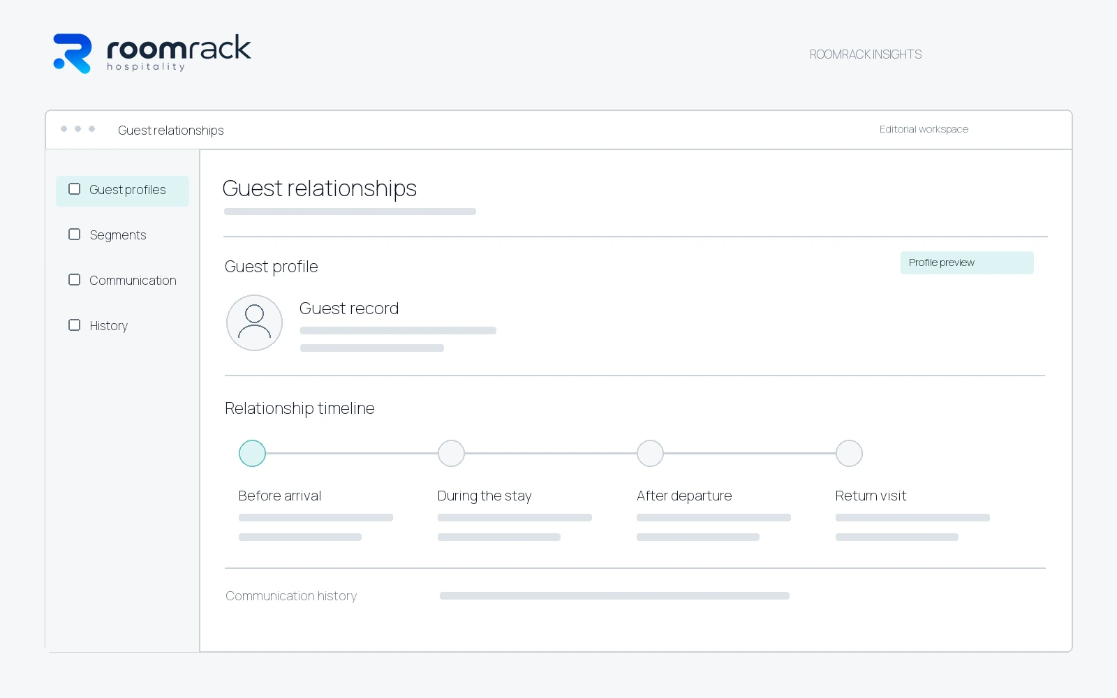 Λογότυπο RoomRack Hospitality και mockup προφίλ επισκέπτη με διαδρομή επικοινωνίας