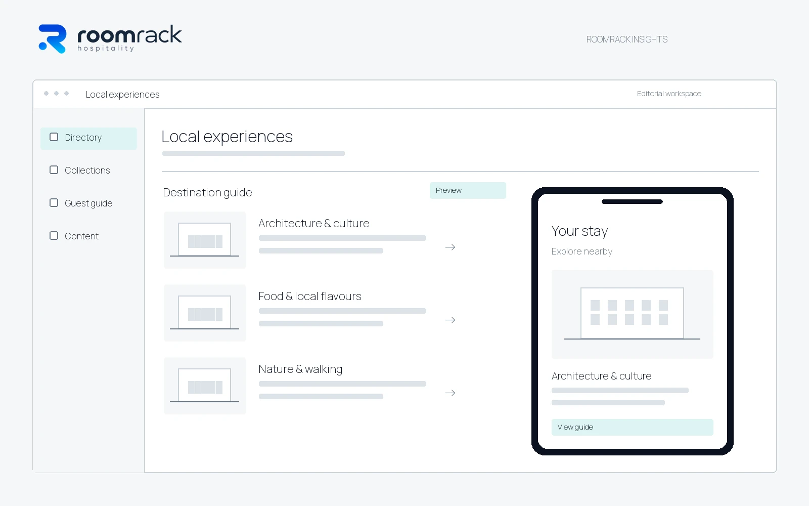 Λογότυπο RoomRack Hospitality και mockup καταλόγου τοπικών εμπειριών με προεπισκόπηση κινητού