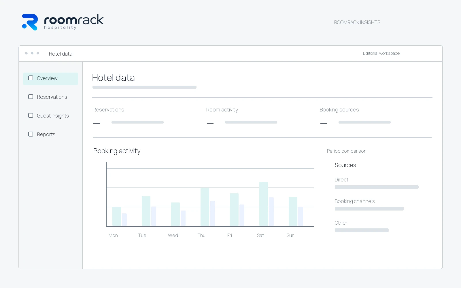 Λογότυπο RoomRack Hospitality και σχεδιαστικό mockup οθόνης ξενοδοχειακών δεδομένων