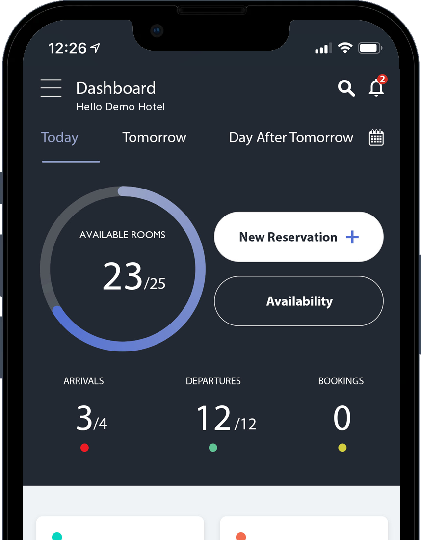 Real RoomRack Mobile App screen: available rooms, arrivals, departures, bookings, new reservation and availability