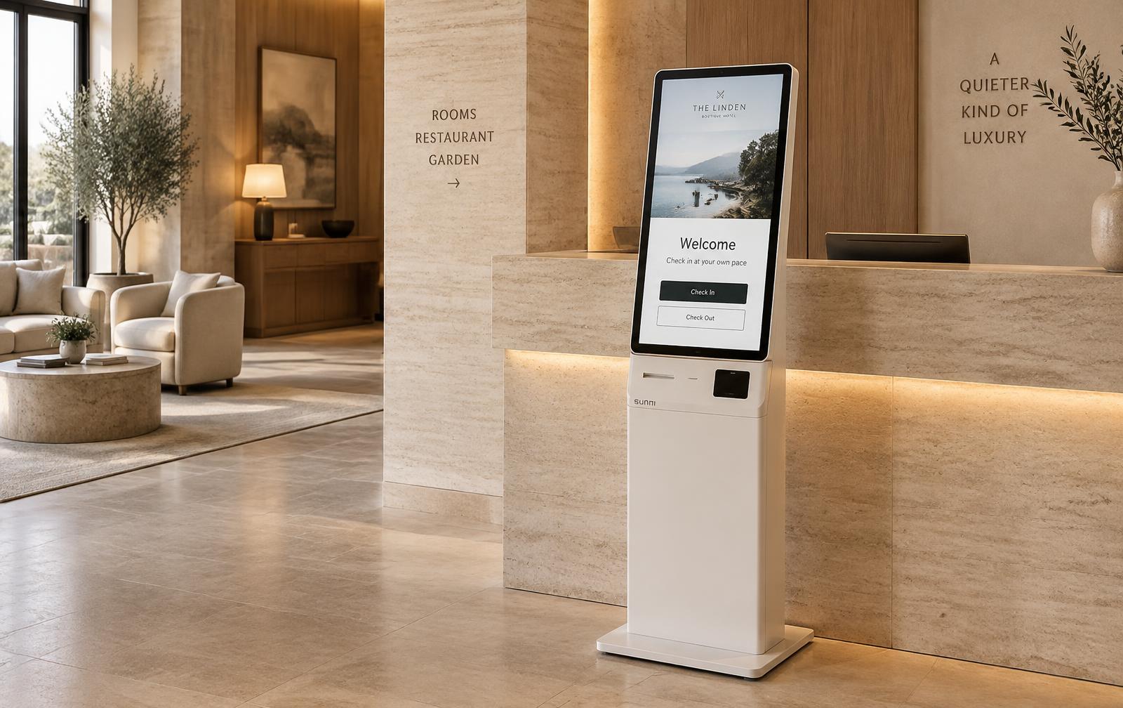 Illustrative self-service kiosk in a hotel lobby